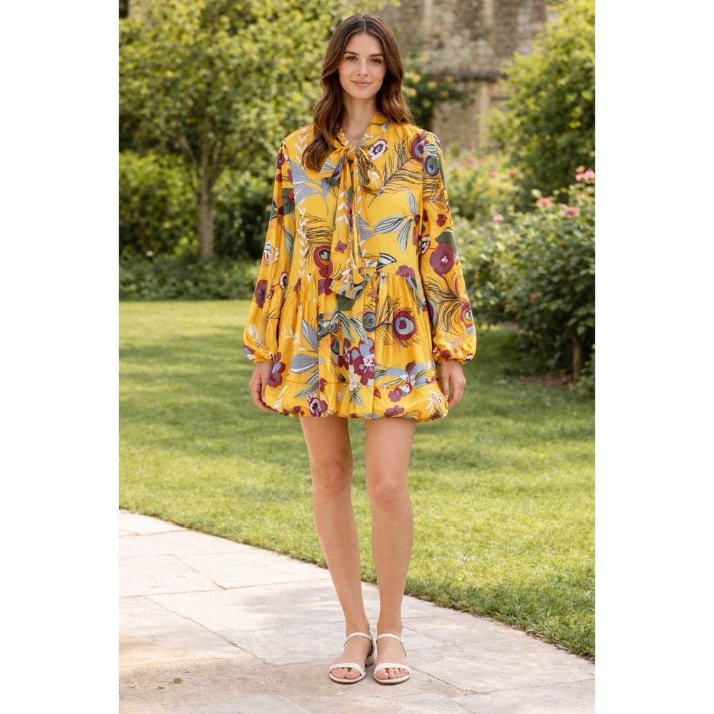 Why Dress Women L Yellow‎ Floral Peacock Feather Bow Neck Mini Party Feminine